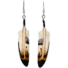 Load image into Gallery viewer, Carved Bone Bear Pawprint Feather Earring