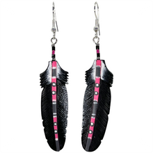 Load image into Gallery viewer, Bone Painted Stem Raven Feather Earring
