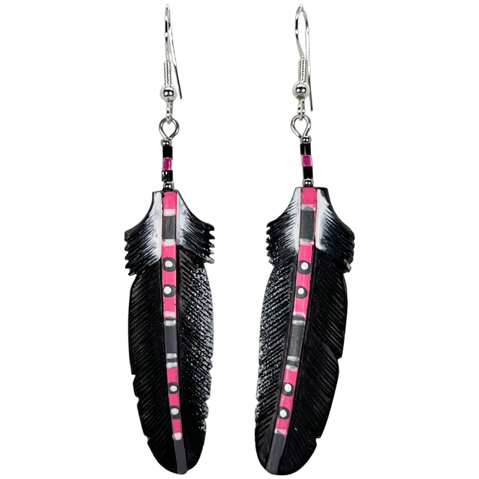 Bone Painted Stem Raven Feather Earring