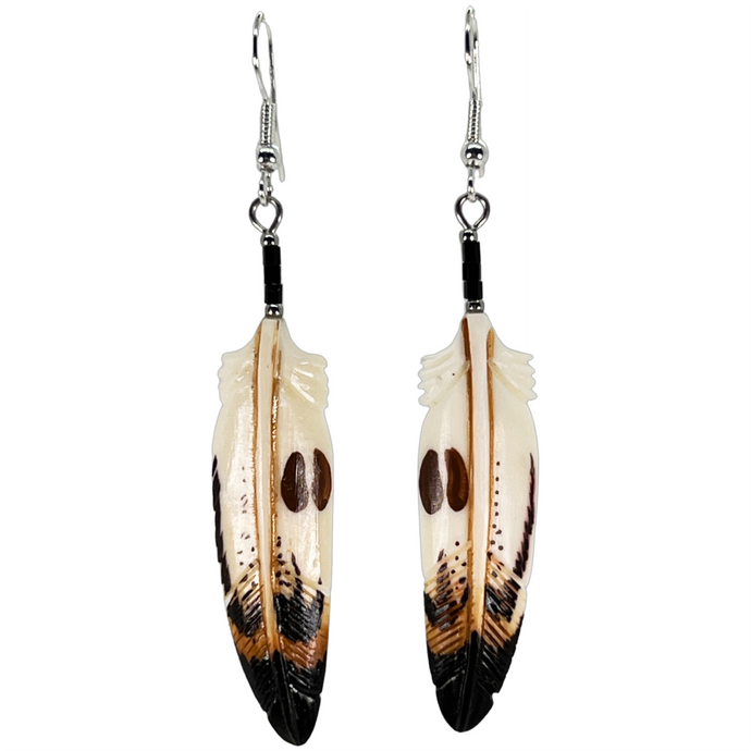 Carved Bone Buffalo Hoofprint Feather Earring
