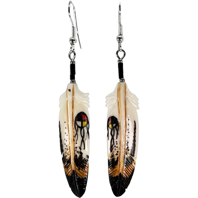 Carved Bone Medicine Wheel Feather Earring