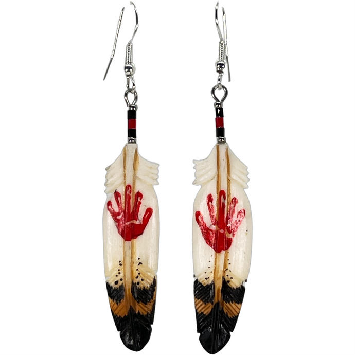 Carved Bone Red Hand Feather Earring