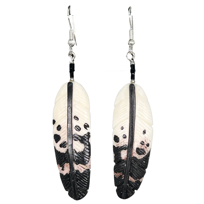 Carved Bone Spotted Eagle Feather Earring