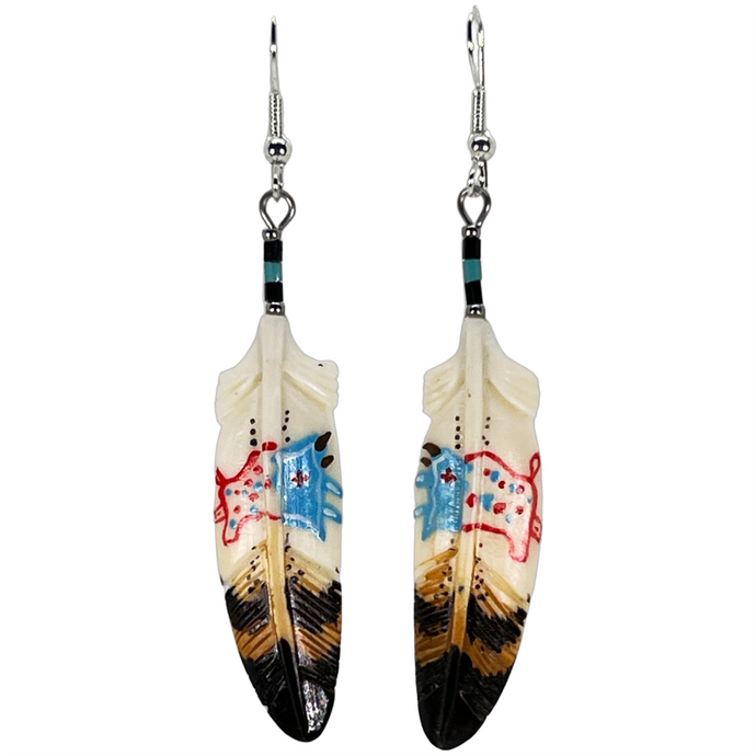 Carved Bone White Buffalo Feather Earring