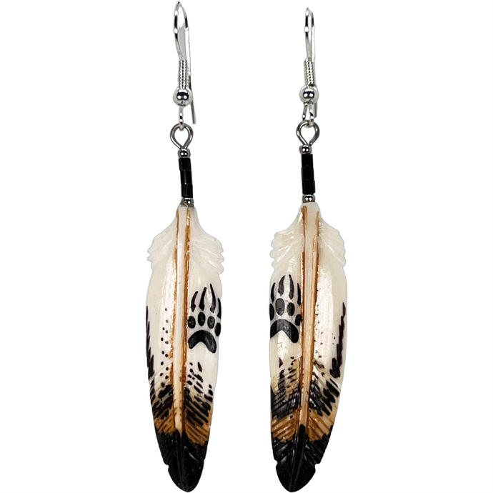 Carved Bone Wolf Pawprint Feather Earring