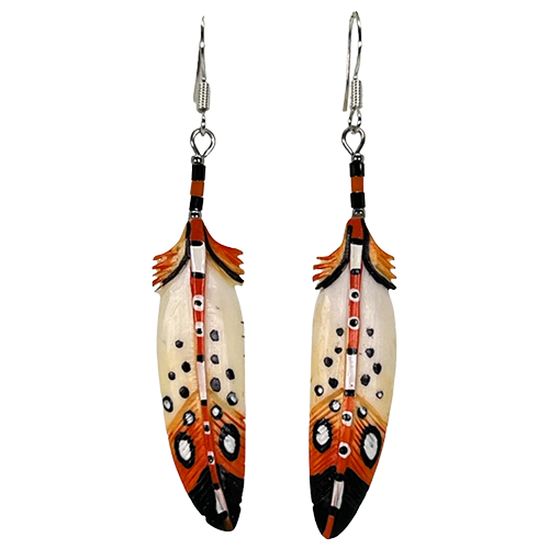 Hand Carved Spotted Colourful Feather Earring